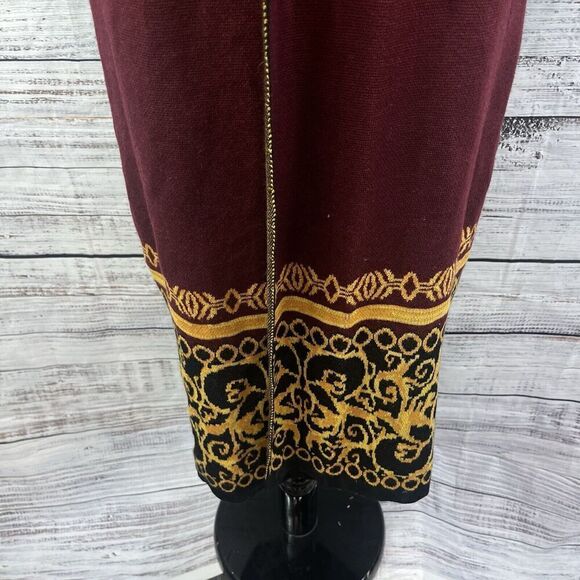 Vertigo Paris Gold Burgundy Motif Wool Open Front Long Cardigan Duster sz Small - Picture 10 of 16